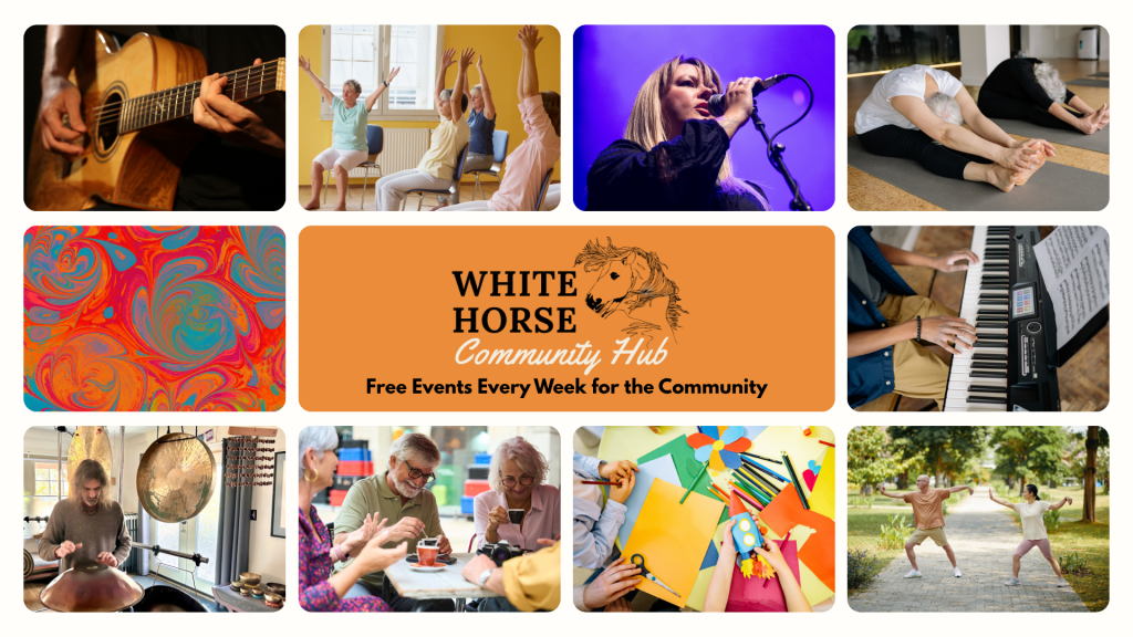 The White Horse Community Hub is a dynamic community crossroads where arts, music, wellness, and human connection meet. The Hub is dedicated to being a neighborhood destination that actively fosters belonging, uplifts underserved neighbors and cultivates a proactive community response to hardship.
We envision a resilient community where everyone regardless of economic means has access to physical and mental wellbeing, social connection, and critical support. The Hub offers free activities on weekdays Monday through Friday, all designed to inspire discovery, spark creativity, and support active, joyful living for all ages.